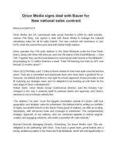 Orion Media signs deal with Bauer for New national sales contract   News,2nd April 2014  