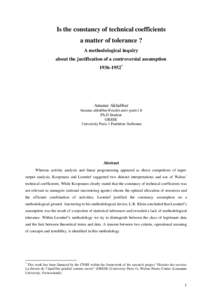 Is the constancy of technical coefficients a matter of tolerance ? A methodological inquiry about the justification of a controversial assumption[removed]*