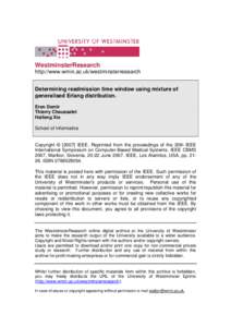 WestminsterResearch http://www.wmin.ac.uk/westminsterresearch Determining readmission time window using mixture of generalised Erlang distribution. Eren Demir Thierry Chaussalet