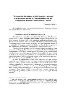 The Academic Dictionary of the Romanian Language (Dicţionarul academic al Limbii Române – DLR) Lexicological Relevance and Romanic Context