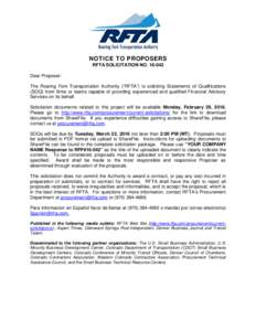 NOTICE TO PROPOSERS RFTA SOLICITATION NODear Proposer: The Roaring Fork Transportation Authority (“RFTA”) is soliciting Statements of Qualifications (SOQ) from firms or teams capable of providing experienced
