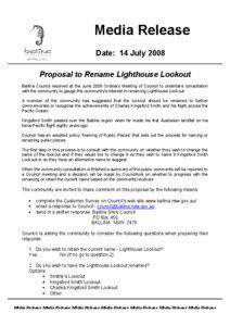 Media Release Date: 14 July 2008 Proposal to Rename Lighthouse Lookout
