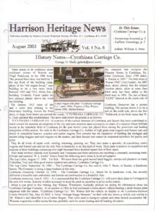 Harrison Heritage News  I Published monthly by Hamson County Historical Society, PO Box 411, Cynthiana, KY, 41031