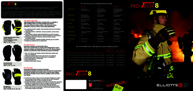Pro-Tech Structural Fireﬁghting Glove Proﬁles Prior to designing and manufacturing our first glove, the Pro-Tech team engaged firefighters in conversation regarding their needs in firefighting gloves. We listened and