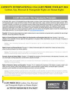 AMNESTY INTERNATIONAL USA LGBT PRIDE TOOLKIT 2014 Lesbian, Gay, Bisexual & Transgender Rights are Human Rights LGBT RIGHTS: The Yogyakarta PrinciplePrinciples Principles