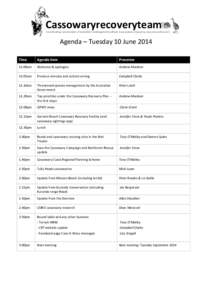 Cassowaryrecoveryteam  Coordinating conservation of Australia’s endangered Southern Cassowaries (Casuarius casuarius johnsonii) Agenda – Tuesday 10 June 2014 Time