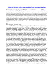 Southern Campaign American Revolution Pension Statements & Rosters Pension application of Charles Kemper W20292 Transcribed by Will Graves Susannah Kemper