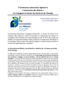 9 Communes namuroises signent la « Convention des Maires » et s’engagent en faveur du climat et de l’énergie Communiqué de presse le 13 novembre 2016