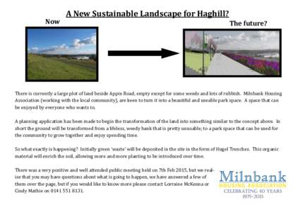 Now  A New Sustainable Landscape for Haghill? The future?  There is currently a large plot of land beside Appin Road, empty except for some weeds and lots of rubbish. Milnbank Housing