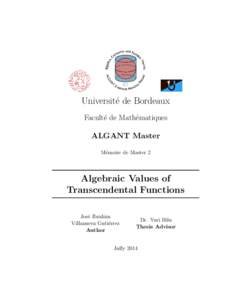 Université de Bordeaux Faculté de Mathématiques ALGANT Master Mémoire de Master 2  Algebraic Values of
