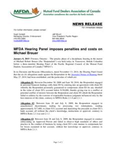 News release - MFDA Hearing Panel imposes penalties and costs on Michael Breuer