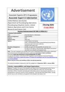 Advertisement Associate Experts (JPO) Programme Associate Expert in Information United Nations Secretariat, Department of Peacekeeping Operations