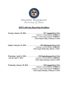 2018 Lobbying Reporting Deadlines Tuesday, January 30, 2018 ............................................. 2017 Annual Report Due Lobbyist’s Annual Report (FORM A) Lobbyist’s Client Annual Report (FORM C) (Fines begin