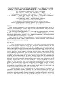 PROSPECTS OF SUBCRITICAL MOLTEN SALT REACTOR FOR MINOR ACTINIDES INCINERATION IN CLOSED FUEL CYCLE V.A. Nevinitsa, A.A Dudnikov, A.A. Frolov, A.S. Lubina, A.A. Sedov, A.S. Subbotin, A.M. Voloschenko, I.A. Belov, P.A. Fom
