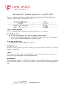     Summary of US Boarding Student Fees for 2016 - 2017  These are the fees and payment options for Brentwood College School US Boarding  students. All fees are in Canadian funds (CAD). 