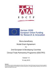 Mono-beneficiary Model Grant Agreement for 2nd European & Developing Countries Clinical Trials Partnership Programme (EDCTP2)
