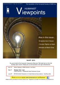 Volume 52 Issue 2 - Apr, Jun, JulThe newsletter of the Humanist Society of NSW Inc. Viewpoints HUMANIST