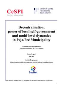Decentralisation, power of local self-government and multi-level dynamics in Peja/Peć Municipality by Adrian Zeqiri (ECMI Kosovo) Assignment done under the CeSPI guidance