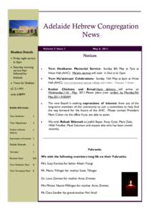 Adelaide Hebrew Congregation News Volume 5 Issue 1 Shabbat Details Friday night service