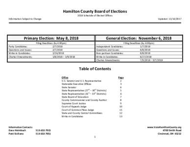 Hamilton County Board of Elections 2018 Schedule of Elected Offices Information Subject to Change Updated: 