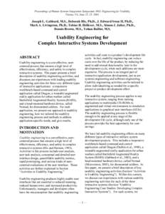 Proceedings of Human Systems Integration Symposium 2003, Engineering for Usability, Vienna, VA, June 23–25, 2003. Joseph L. Gabbard, M.S., Deborah Hix, Ph.D., J. Edward Swan II, Ph.D., Mark A. Livingston, Ph.D., Tobias
