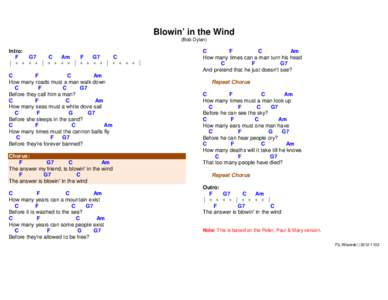 Blowin’ in the Wind (Bob Dylan) Intro: F G7