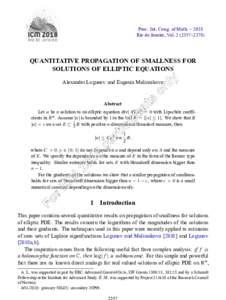Proc. Int. Cong. of Math. – 2018 Rio de Janeiro, Vol–2378) QUANTITATIVE PROPAGATION OF SMALLNESS FOR SOLUTIONS OF ELLIPTIC EQUATIONS Alexander Logunov and Eugenia Malinnikova