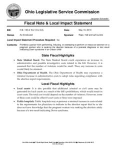 Ohio Legislative Service Commission Jacquelyn Schroeder Fiscal Note & Local Impact Statement Bill: