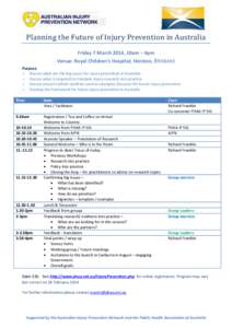 Planning the Future of Injury Prevention in Australia Friday 7 March 2014, 10am – 4pm Venue: Royal Children’s Hospital, Herston, BRISBANE  Purpose