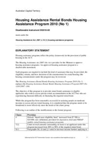 Australian Capital Territory  Housing Assistance Rental Bonds Housing Assistance Program[removed]No 1) Disallowable instrument DI2010-60 made under the