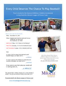 Every Child Deserves The Chance To Play Baseball! You’re invited to the Harmon Killebrew Celebrity Invitational to help build the Miracle League of Victory Lane … How you can be involved… When: December 6-8, 2013
