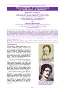 Journal of Astronomical History and Heritage, 18(3), 241– THE CONTRIBUTION OF GIORDANO BRUNO TO THE PRINCIPLE OF RELATIVITY Alessandro De Angelis Dipartimento di Fisica e Astronomia “Galileo Galilei”, 