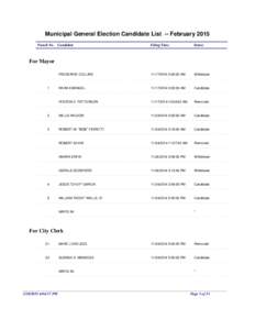 Municipal General Election Candidate List -- February 2015 Punch No. Candidate Filing Time  Status
