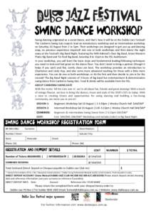 SWING DANCE WORKSHOP Swing!dancing!originated!as!a!social!dance,!and!that’s!how!it!will!be!at!the!Dubbo!Jazz!Festival!! The!Canberra!Swing!Katz!experts!lead!an!introductory!workshop!and!an!Intermediate!workshop! on!Sat