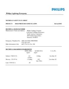MATERIAL SAFETY DATA SHEET PRODUCT: HIGH PRESSURE SODIUM LAMPS  SECTION 1: MANUFACTURER