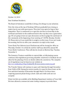 October 14, 2014  Dear Stratham Residents, The Board of Selectmen would like to bring a few things to your attention.