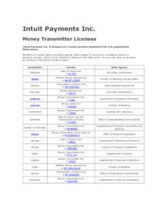 Intuit Payments Inc. Money Transmitter Licenses Intuit Payments Inc. is licensed as a money services business in the U.S. jurisdictions listed below. Residents of certain states may have specific rights related to concer