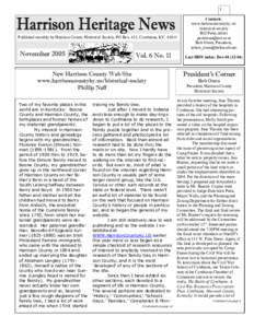 1  Published monthly by Harrison County Historical Society, PO Box 411, Cynthiana, KY, 41031 November 2005