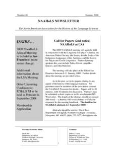 Number 40  Summer 2008 NAAHoLS NEWSLETTER The North American Association for the History of the Language Sciences