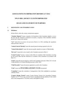 ASSOCIATIONS INCORPORATION REFORM ACT[removed]SWAN HILL JOCKEY CLUB INCORPORATED RULES AND STATEMENT OF PURPOSES 1.