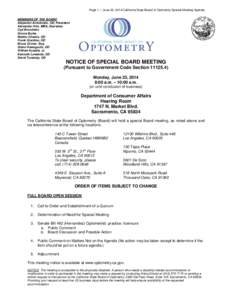 California State Board of Optometry - Notice of Special Board Meeting - Monday, June 23, 2014