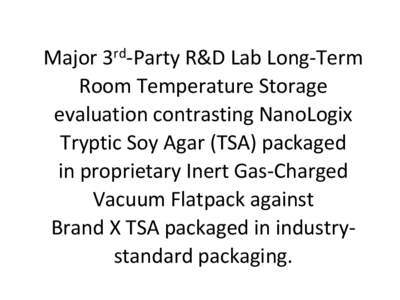 Major 3rd-Party R&D Lab Long-Term Room Temperature Storage evaluation contrasting NanoLogix Tryptic Soy Agar (TSA) packaged in proprietary Inert Gas-Charged Vacuum Flatpack against