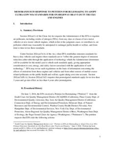 Memorandum in Response to Petition for Rulemaking to Adopt Ultra-Low NOx Standards for On-Highway Heavy-Duty Trucks and Engines (December 20, 2016)