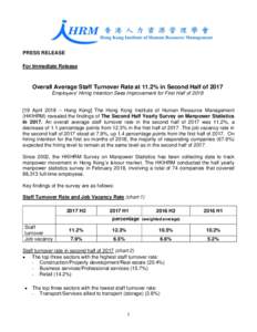 PRESS RELEASE For Immediate Release Overall Average Staff Turnover Rate at 11.2% in Second Half of 2017 Employers’ Hiring Intention Sees Improvement for First Half ofApril 2018 – Hong Kong] The Hong Kong In