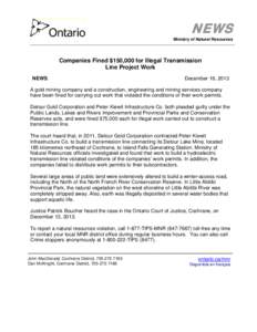 Companies Fined $150,000 for Illegal Transmission Line Project Work - December 19, 2013