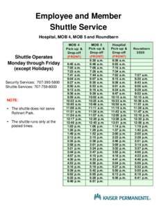 Employee and Member Shuttle Service Hospital, MOB 4, MOB 5 and Roundbarn Shuttle Operates Monday through Friday