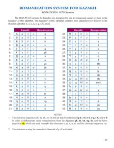 ROMANIZATION SYSTEM FOR KAZAKH BGN/PCGN 1979 System The BGN/PCGN system for Kazakh was designed for use in romanizing names written in the Kazakh Cyrillic alphabet. The Kazakh Cyrillic alphabet contains nine characters n