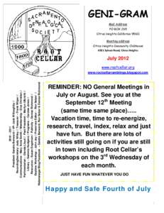 GENI-GRAM Mail Address PO BOX 265 Citrus Heights CaliforniaMeeting address Citrus Heights Community Clubhouse
