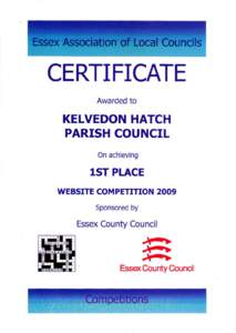 Essex Association of Local Councils  CERTIFICATE Awarded to  KELVEDON HATCH