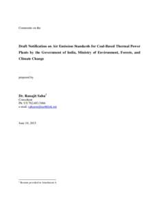 Comments on the  Draft Notification on Air Emission Standards for Coal-Based Thermal Power Plants by the Government of India, Ministry of Environment, Forests, and Climate Change
